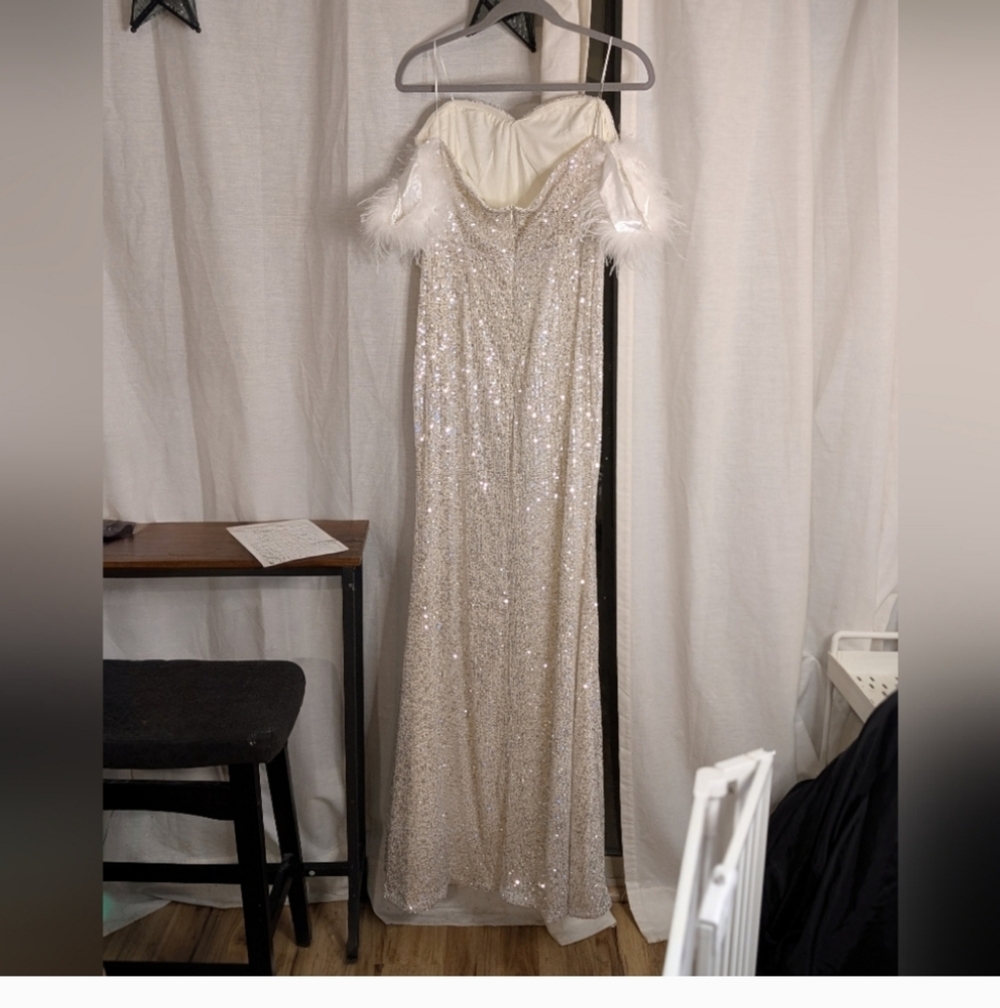 Strapless Sequin Gown Feather Trim Ivory Champagne Formal Bridal Party Dress